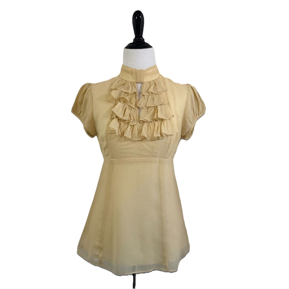 Nanette Lepore VTG Blouse 0 100% Silk Crinkle Cream Victorian Ruffle Fitted Zip - Picture 2 of 16